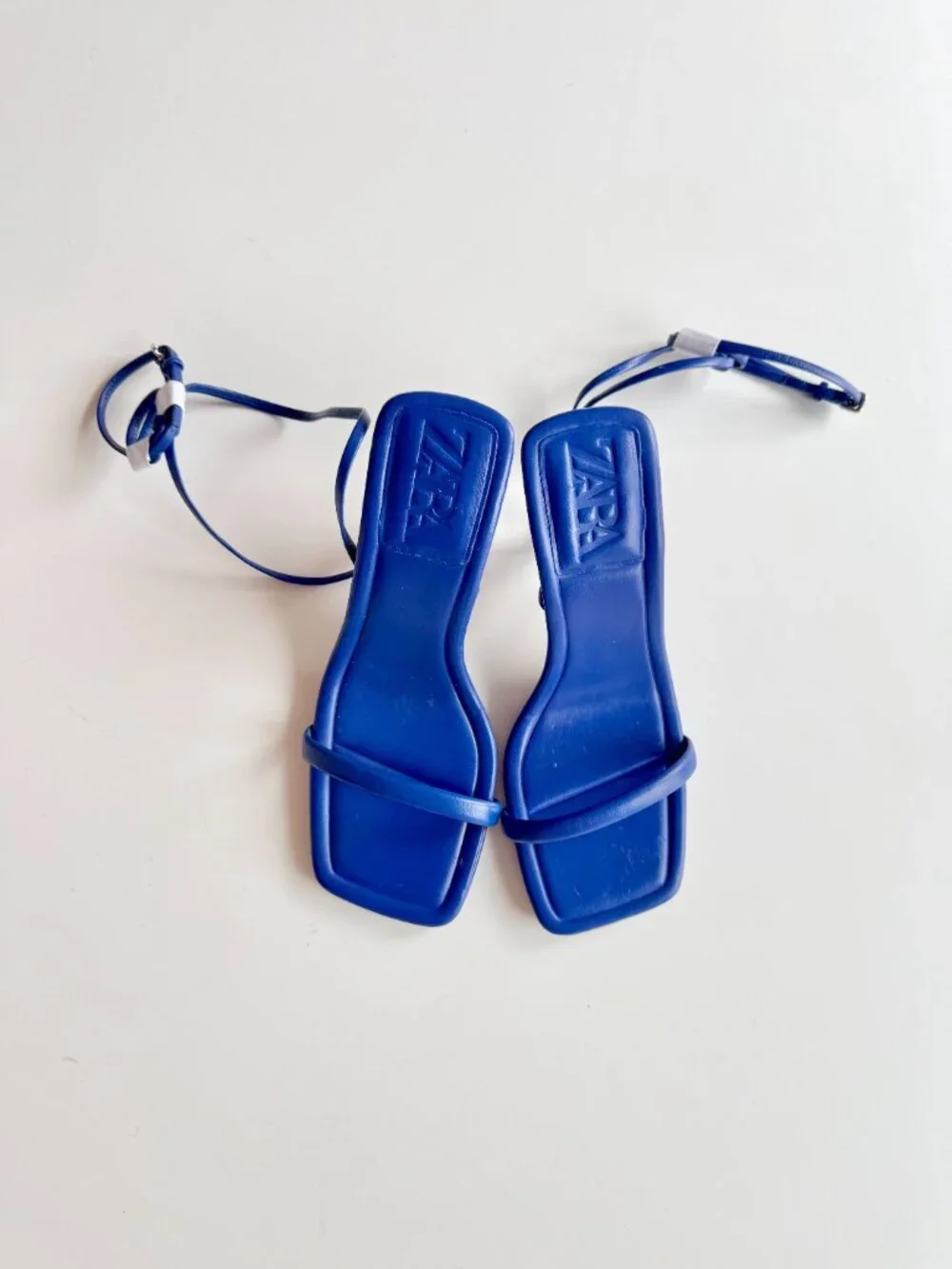 NWOT ZARA Blue Leather Square Toe Strappy High Heel Wraparound Sandals, Size 35 - Picture 2 of 14